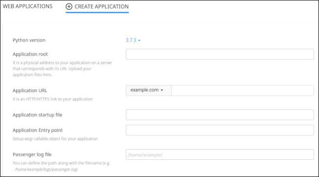 cPanel - Python - Create application form